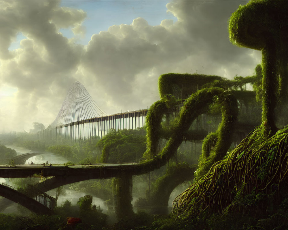 Serene landscape with old and modern bridges surrounded by lush greenery