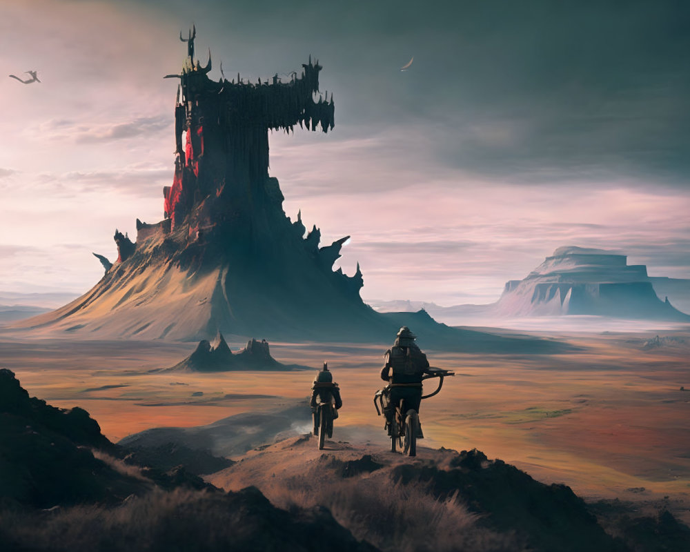 Barren landscape with two riders and a dark citadel under a crescent moon