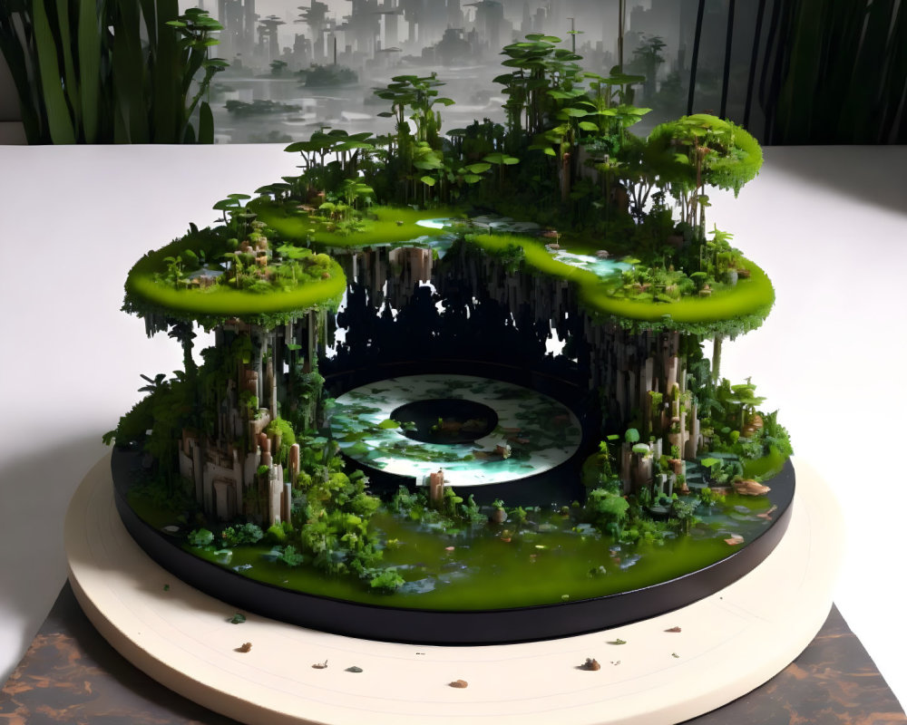 Miniature Ecosystem Diorama with Forest, Waterfalls, and Pond on Circular Stand