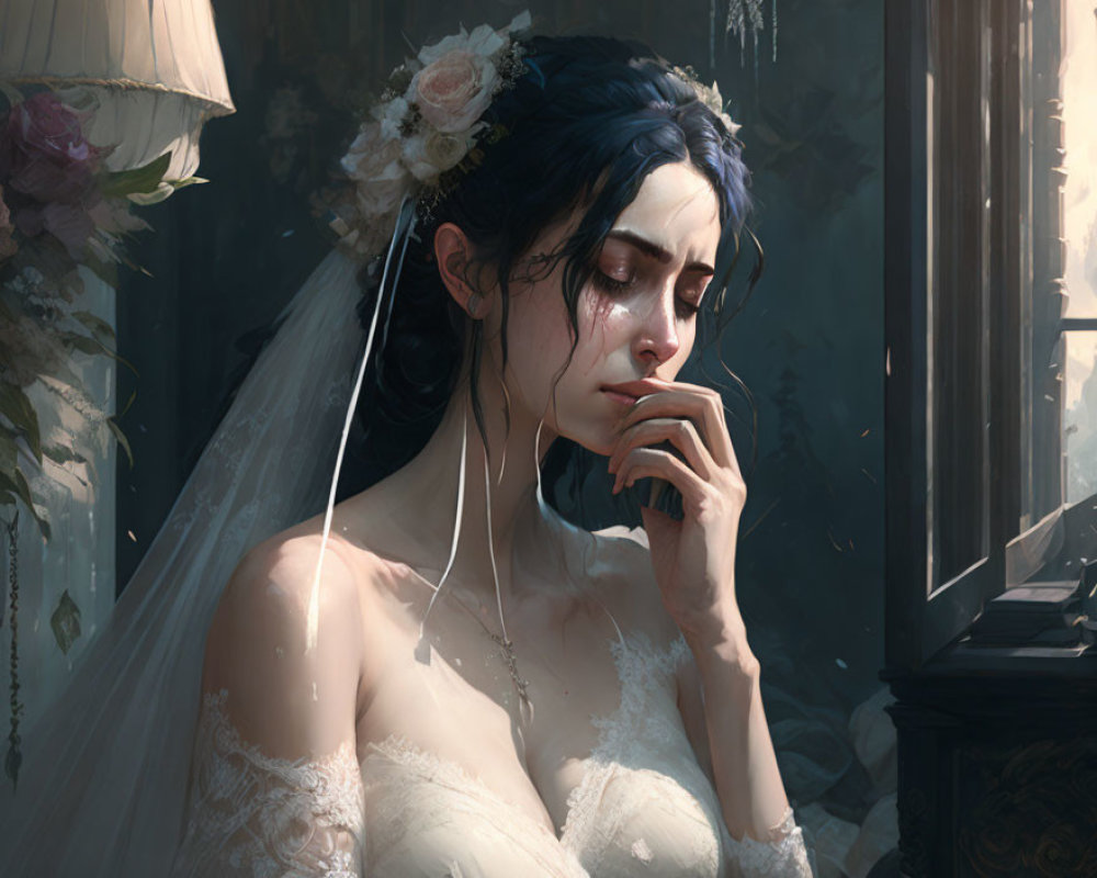 Woman in Wedding Dress Crying by Sunlit Window