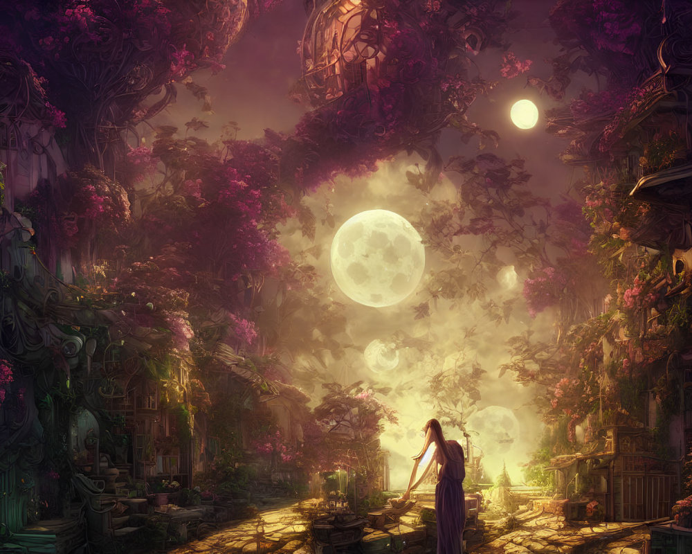 Enchanted forest with oversized flora, glowing moons, ancient ruins, and solitary figure.