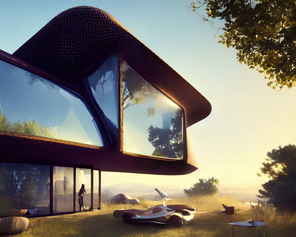 Contemporary house with large windows, nature surroundings, person inside, and futuristic car.