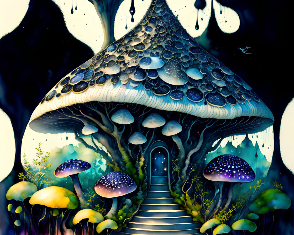 Fantastical Mushroom House Surrounded by Vibrant Flora