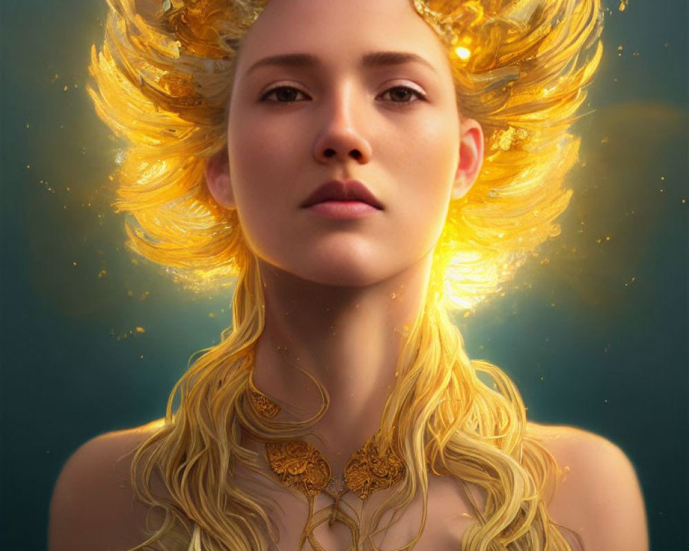 Digital portrait of woman with golden hair and flame-like crown and jewelry