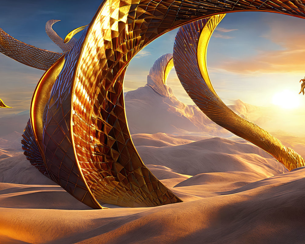 Golden futuristic spiral structure in desert with levitating person