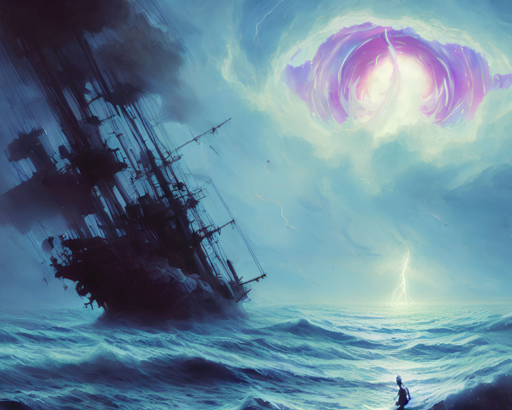 Surreal seascape with ship, purple portal, lightning, and lone figure