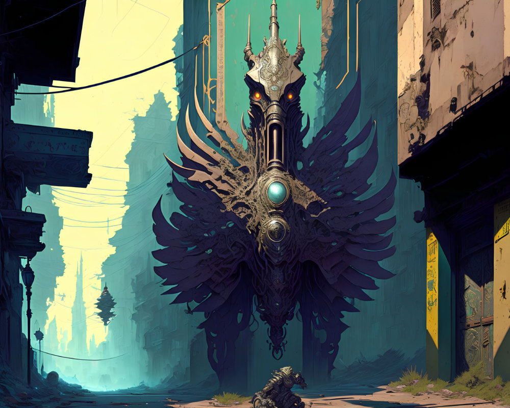 Futuristic ornate mechanical throne in decaying urban alley
