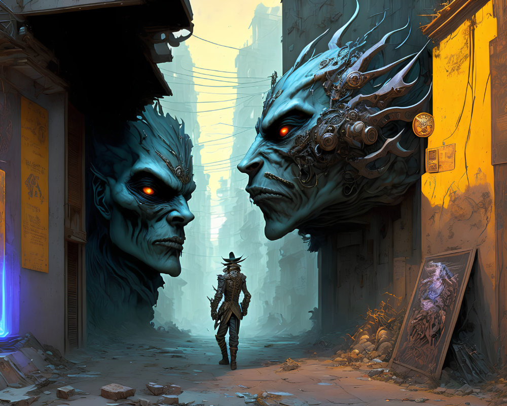 Person in narrow dystopian alleyway with demonic mechanical faces
