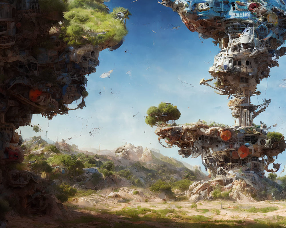 Surreal landscape featuring floating islands, futuristic structures, blue skies, and lush greenery