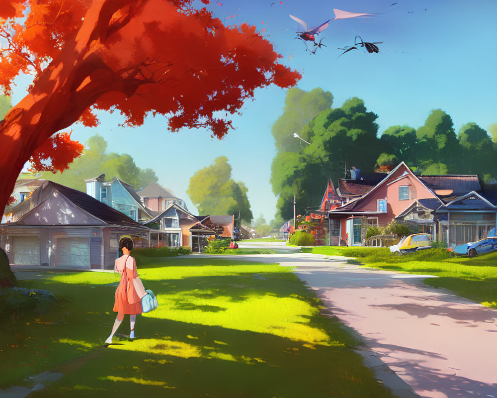 Girl in Pink Coat Walking Under Red Tree in Suburban Street with Drones on Sunny Day