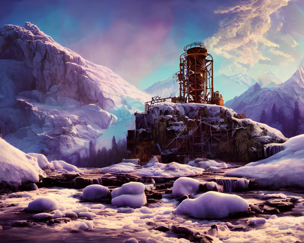 Snow-covered winter landscape with icy peaks, flowing stream, and steampunk structure