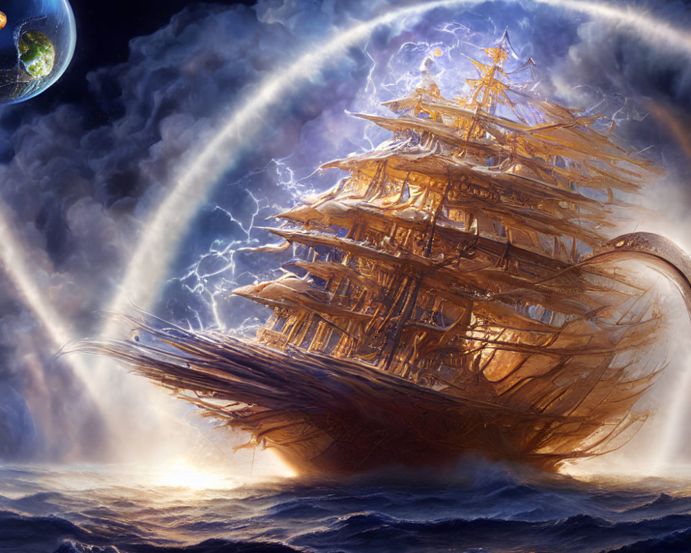 Fantasy illuminated ship sailing stormy seas with tentacle & distant planet.
