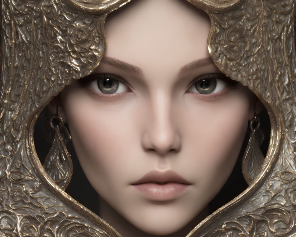 Detailed close-up portrait of woman with ornate metallic floral-patterned hood and intense gaze.