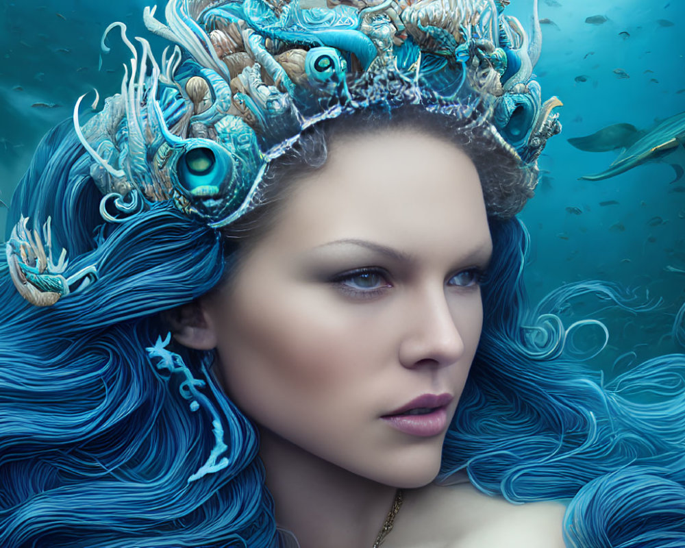 Surreal portrait of a woman with marine-themed crown and blue hair in underwater setting
