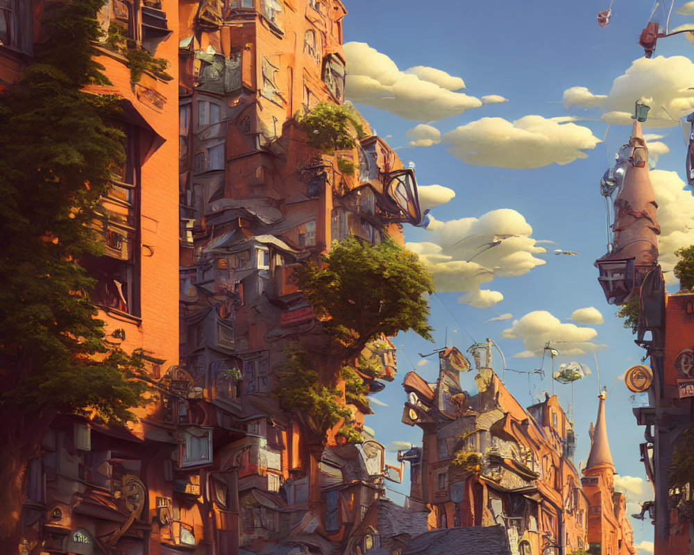 Whimsical urban scene with stacked houses, floating islands, airships, and large moon