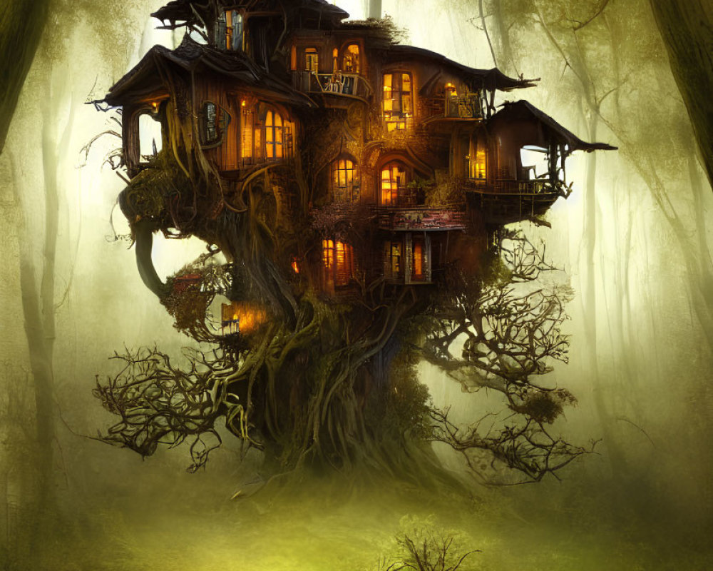 Enchanting multi-story fantasy treehouse in misty forest