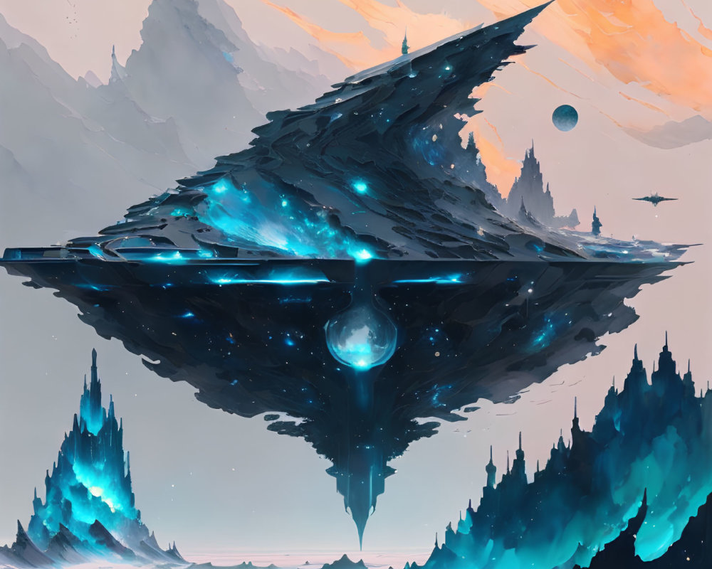 Futuristic spaceship with blue glowing accents over snowy landscape