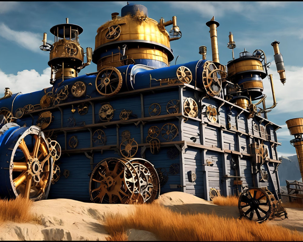 Steampunk-style locomotive with blue and gold colors on clear sky background