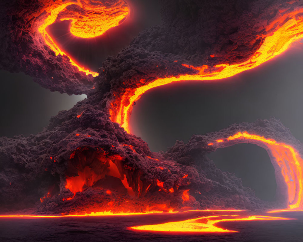 Surreal volcanic landscape with glowing lava flows