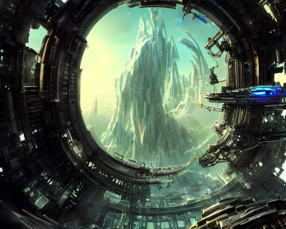 Circular Space Station Overlooking Alien World's Crystalline Structure