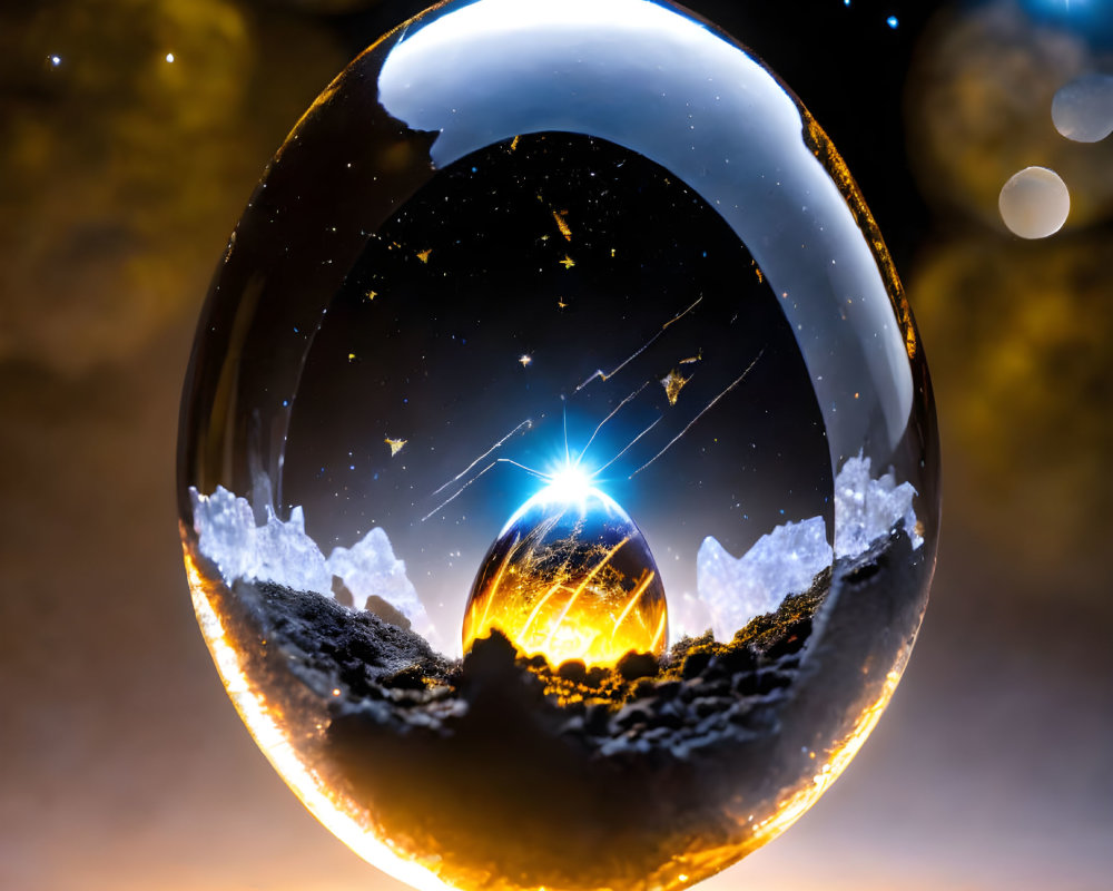 Crystal ball reflecting starry sky, mountains, and bright light on dark bokeh background