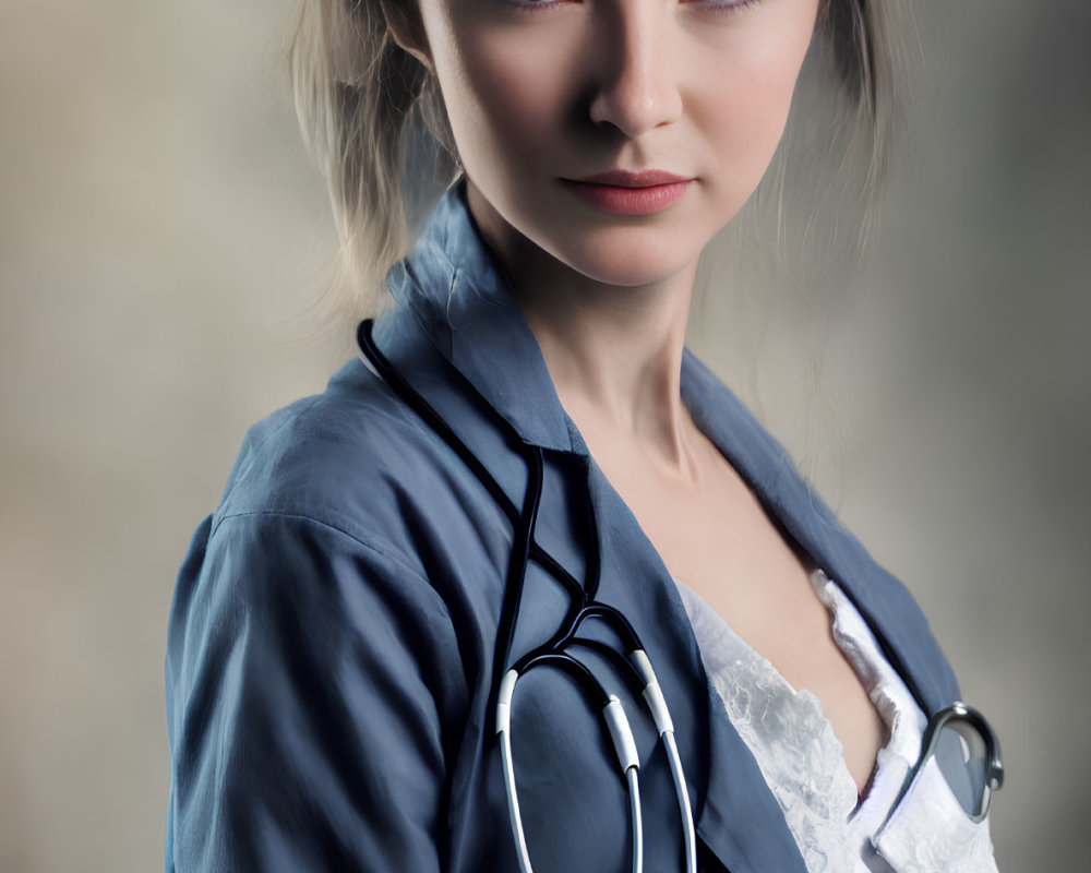 Blonde Woman in Blue Shirt with Stethoscope