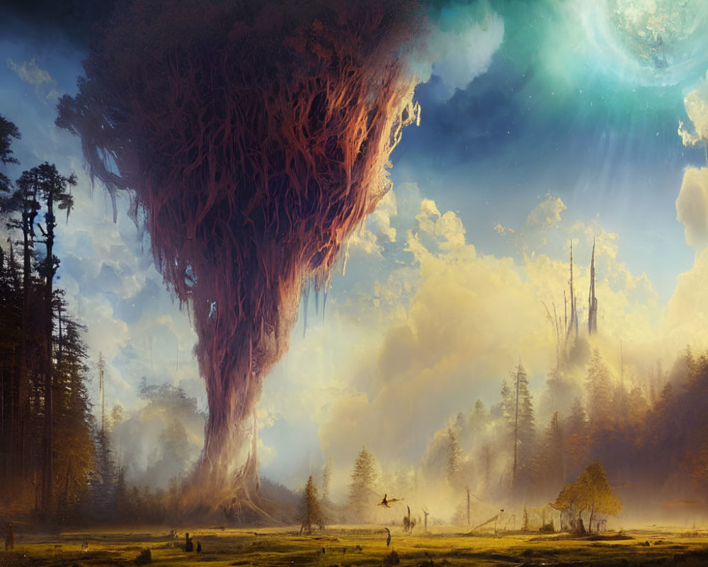 Enchanting fantasy landscape with massive tree, mystical moon, misty forest, and tiny figures