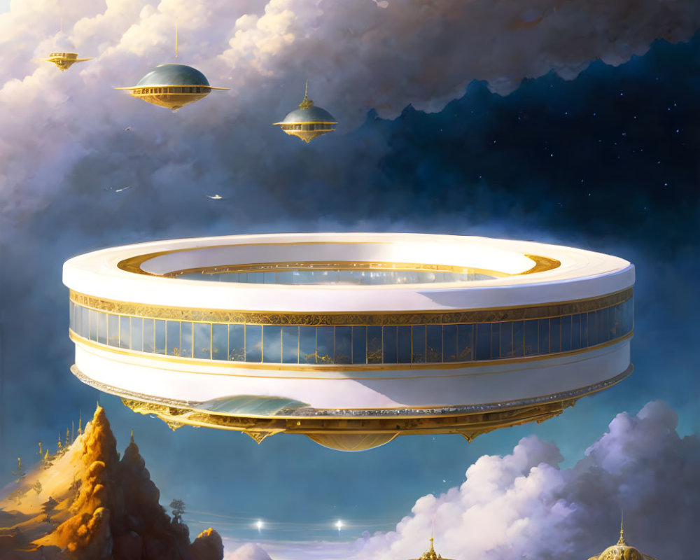 Ring-shaped futuristic floating city in starry sky above rocky peaks