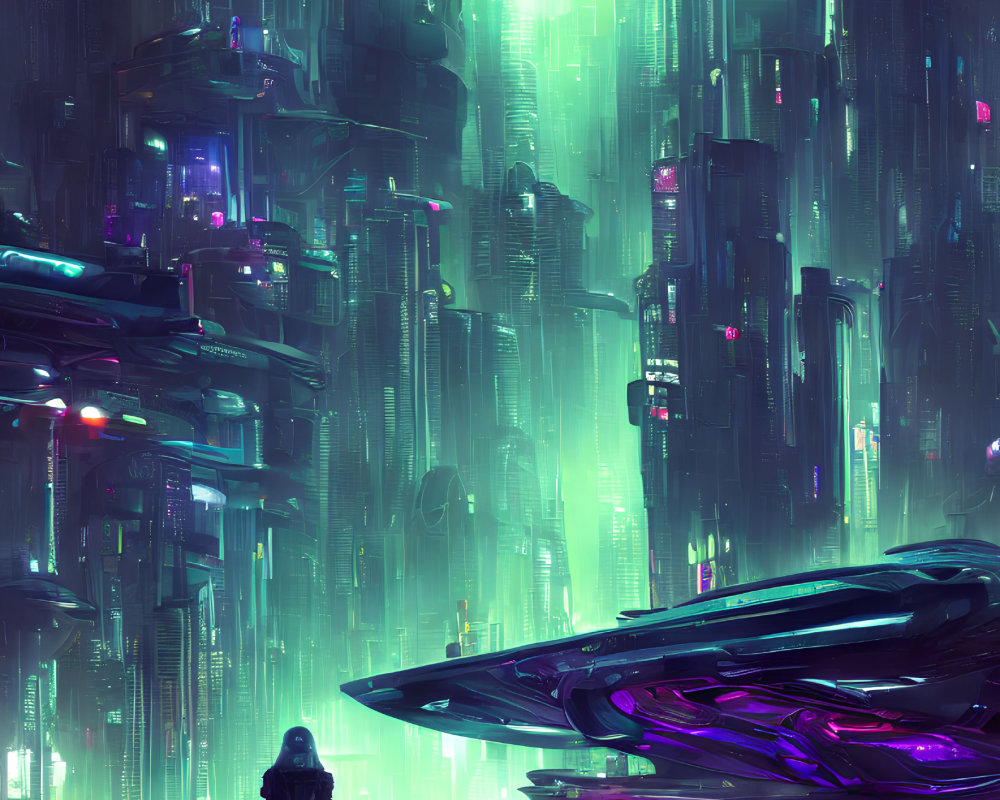 Futuristic cityscape with neon-lit skyscrapers and glowing orb in rain