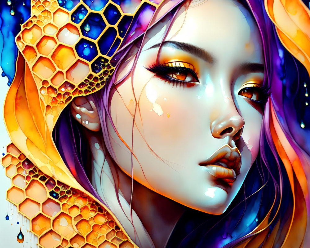 Colorful digital artwork: Woman with honeycomb patterns, fiery hair, blue accents