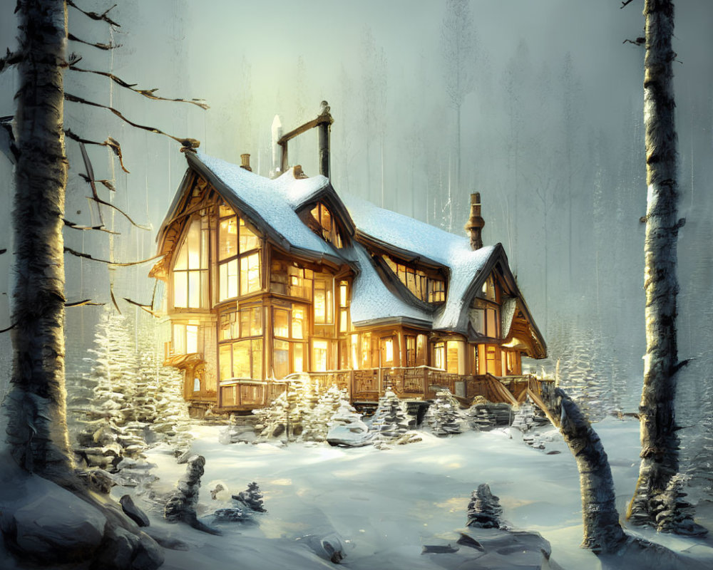 Snowy forest cabin at twilight with soft glow and snow-covered trees