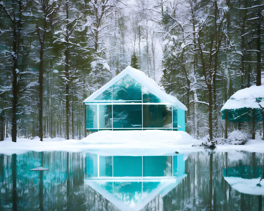 Glass house in snowy forest reflecting on icy water surface