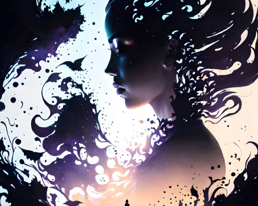 Woman's profile silhouette with cosmic liquid features and small figure in starry backdrop