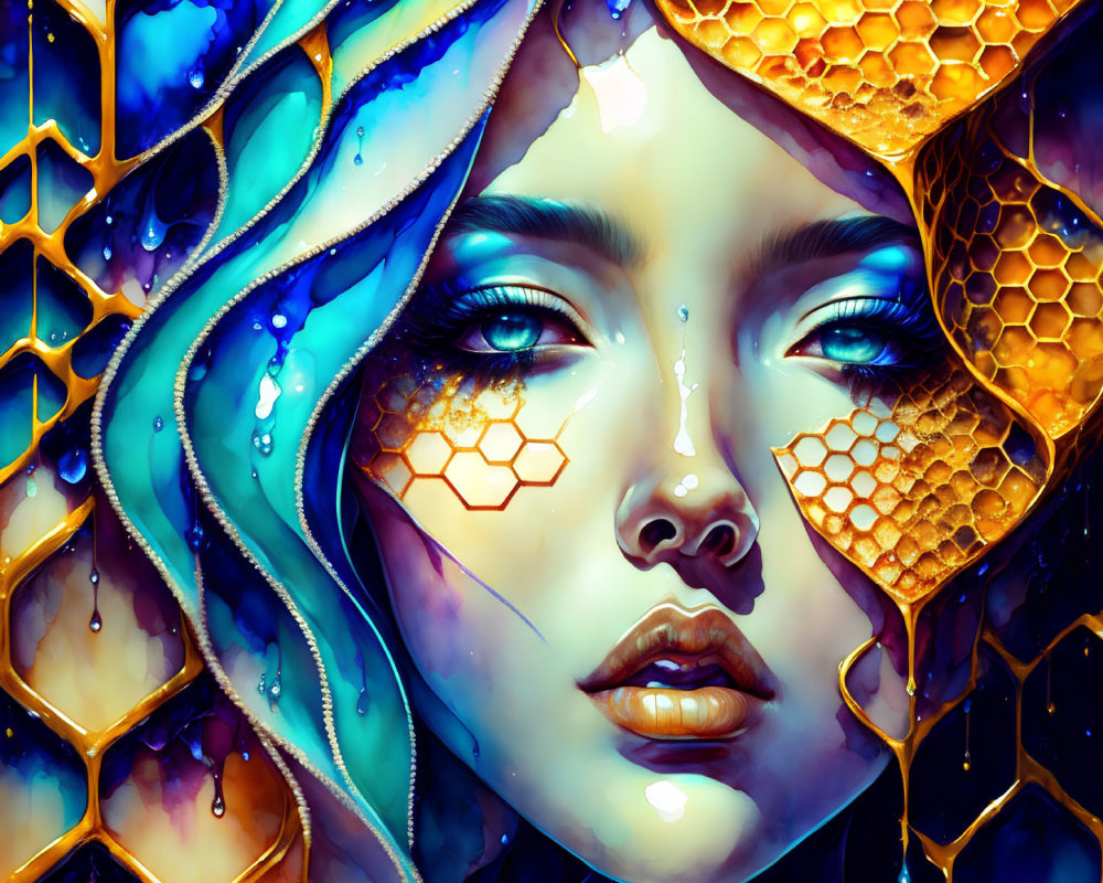 Colorful Artwork Featuring Woman with Blue Eyes and Honeycomb Patterns