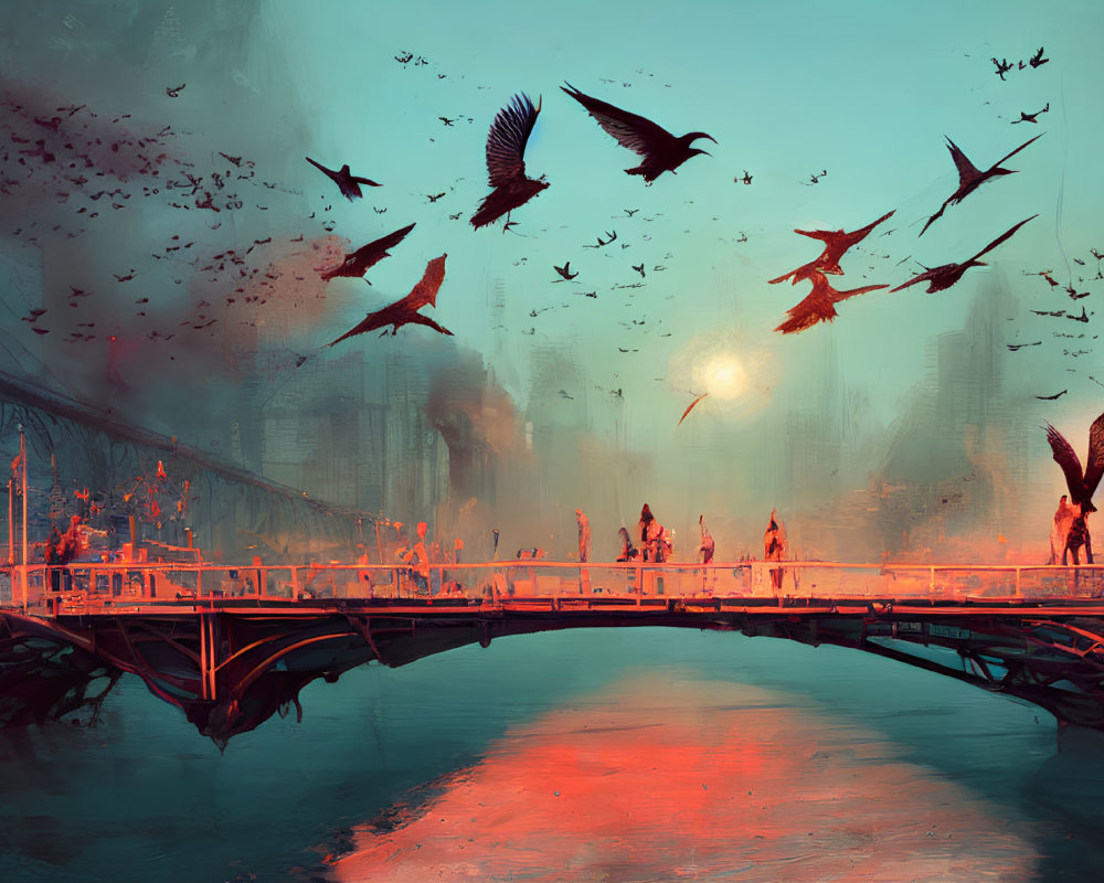 Futuristic city bridge at sunset with people and birds in warm mist.