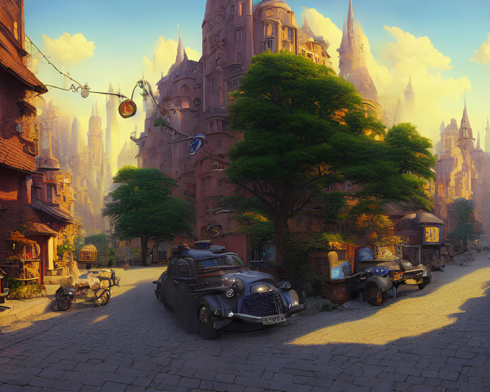 Vintage cars and cobblestone streets in front of whimsical castle spires