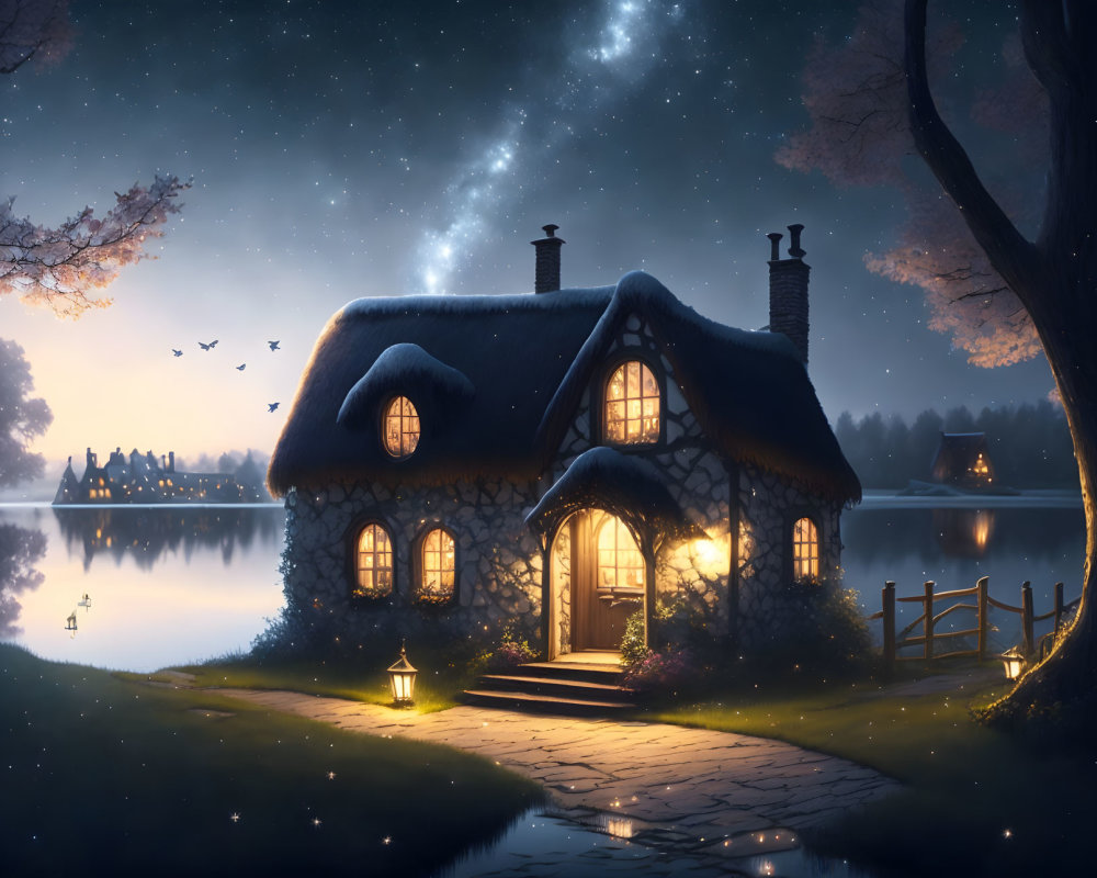 Quaint Thatched-Roof Cottage by Serene Lake at Night