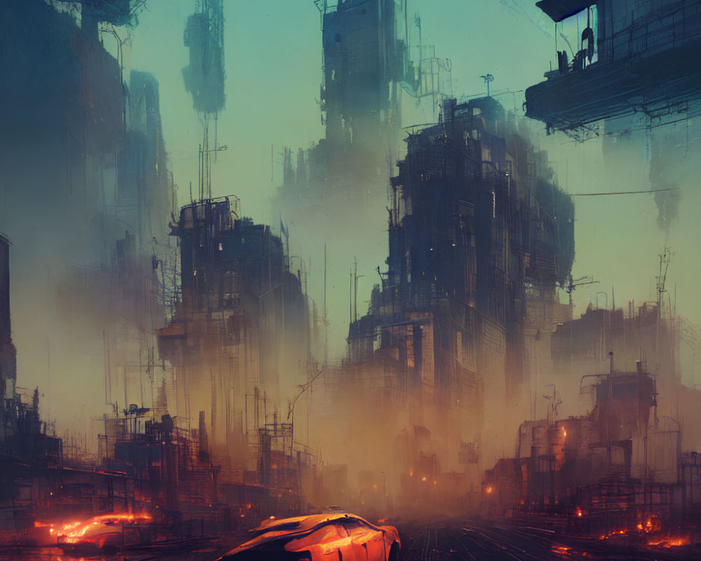 Futuristic cityscape at dusk with towering structures and neon lights