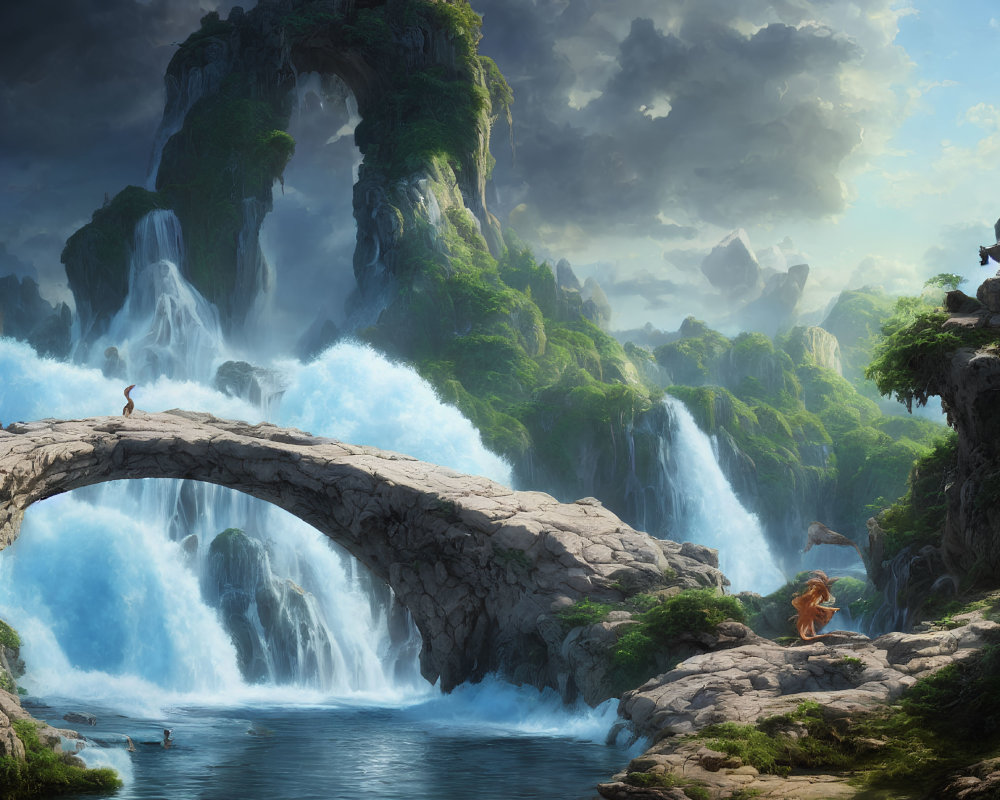 Majestic waterfall and stone bridge in fantastical landscape