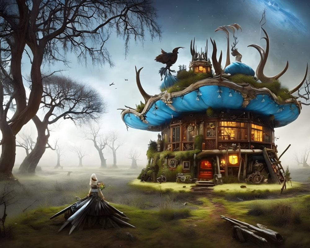 Fantasy landscape with character in white cloak and mushroom-shaped house