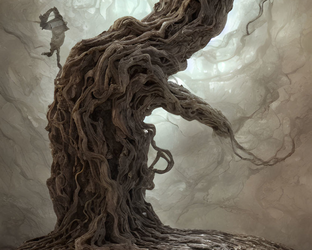 Mystical gnarled tree with intricate roots in cavernous space
