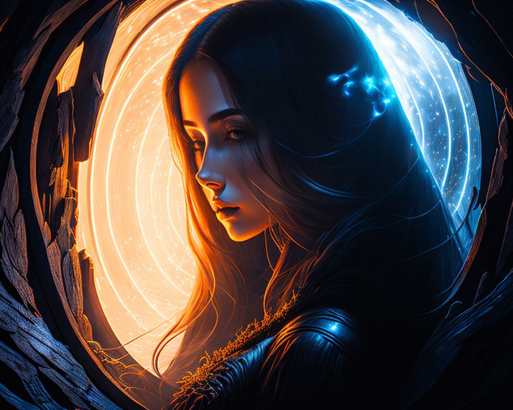 Digital artwork: Woman with glowing blue ornaments in hair, peering through circular portal with swirling orange light