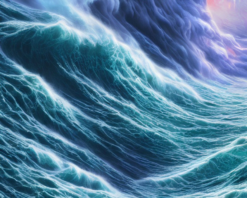 Digital artwork: Tumultuous ocean waves under stormy sky