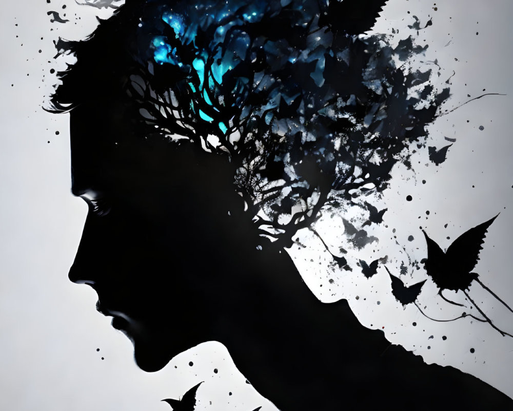 Profile Silhouette with Blue and Black Tree Birds Design on Light Background
