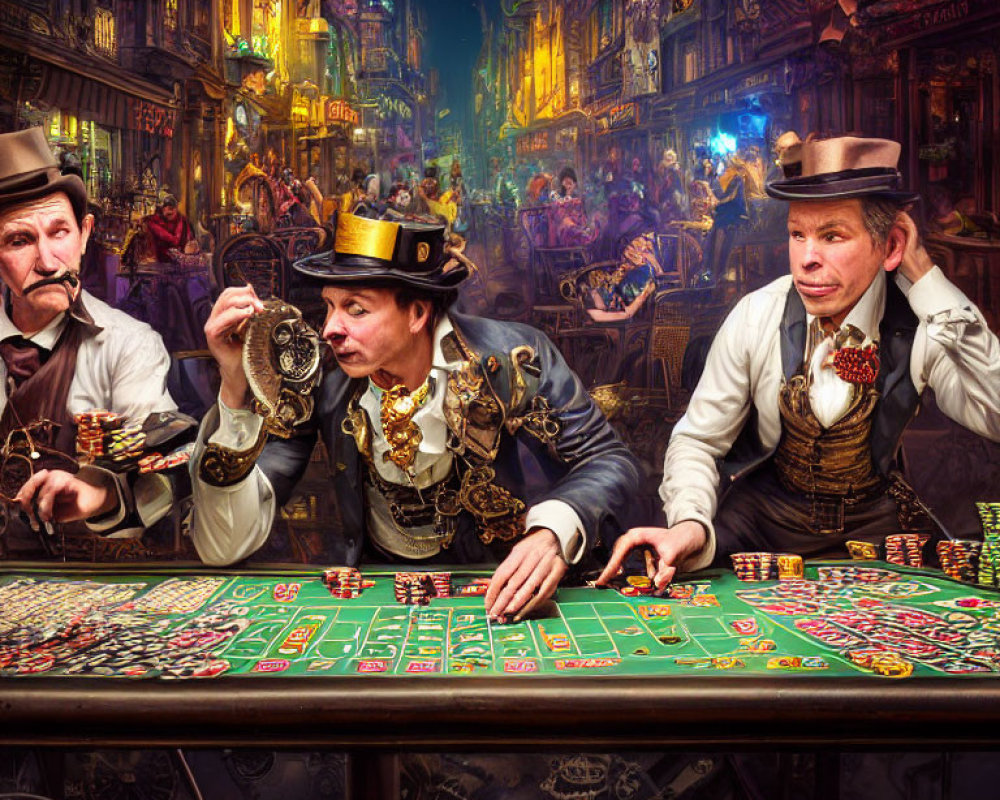 Victorian-style attired individuals at gambling table in fantastical casino setting