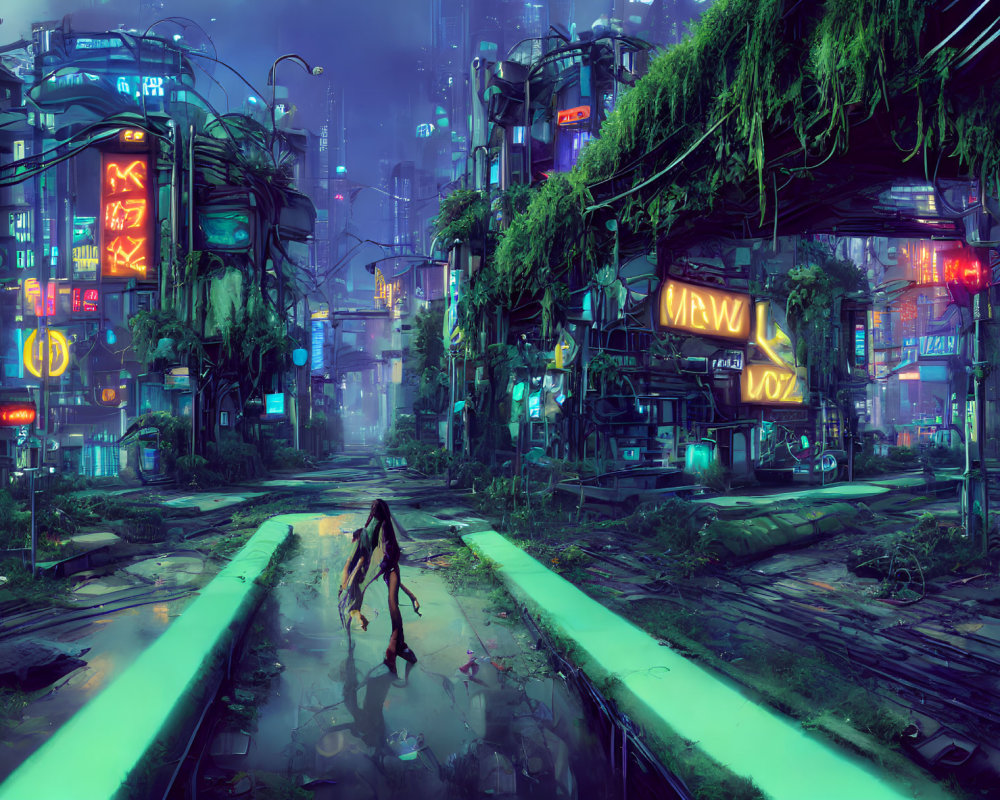 Figure walking in futuristic city street at twilight