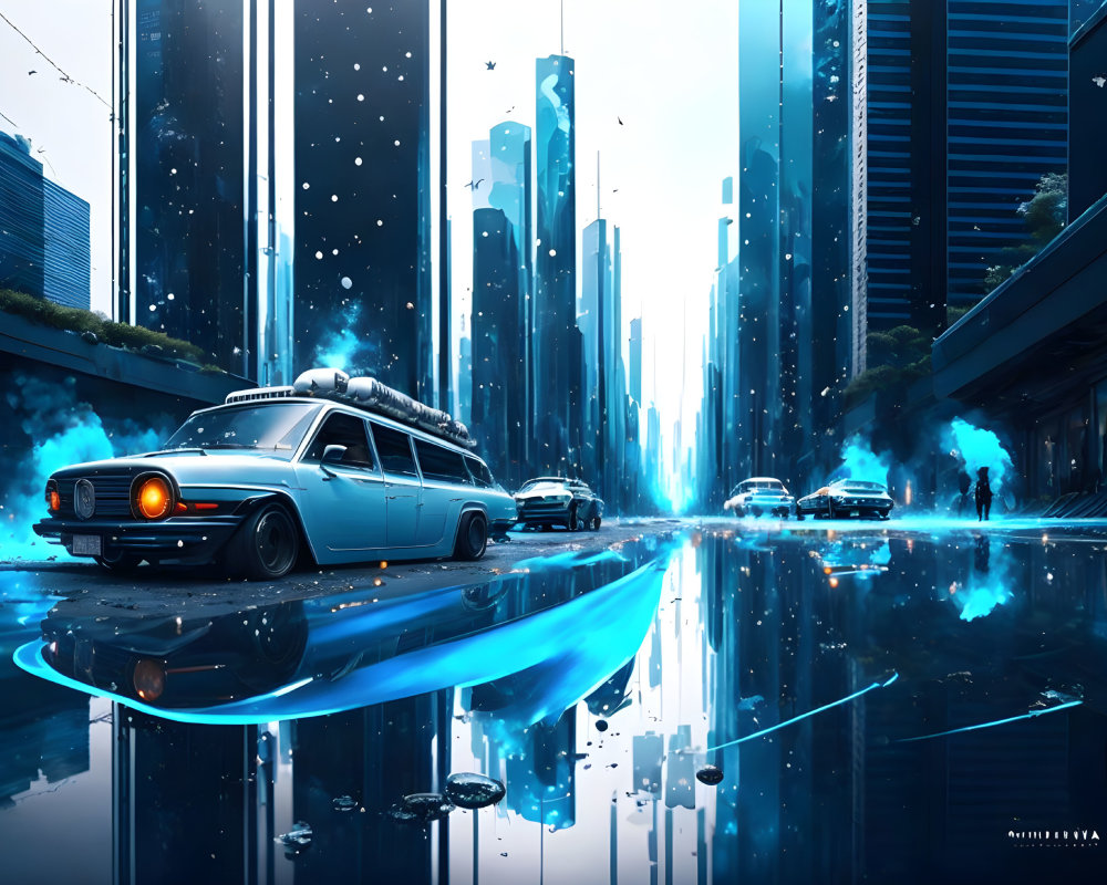 Futuristic cityscape with sleek buildings and vehicles in blue tones