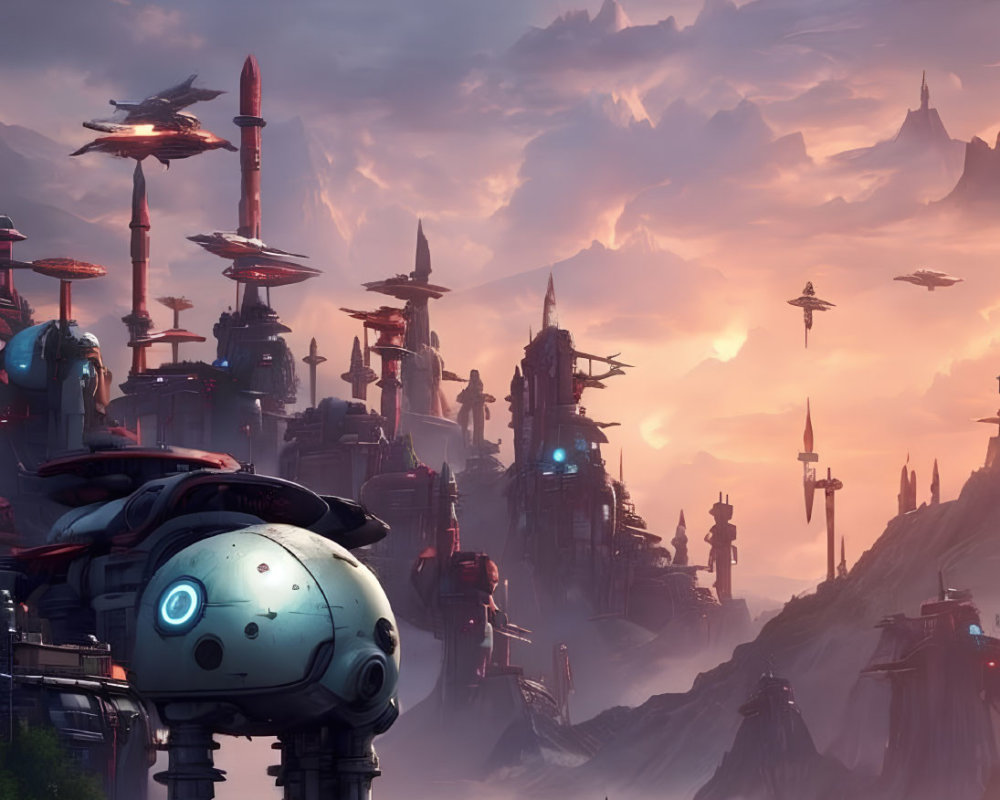 Futuristic cityscape at dusk with towering structures and flying vehicles