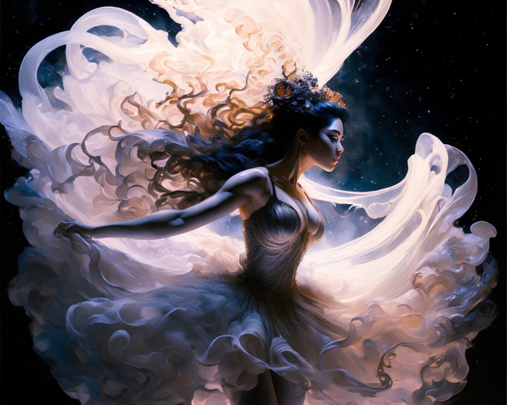 Ethereal woman in flowing gown against starry night sky