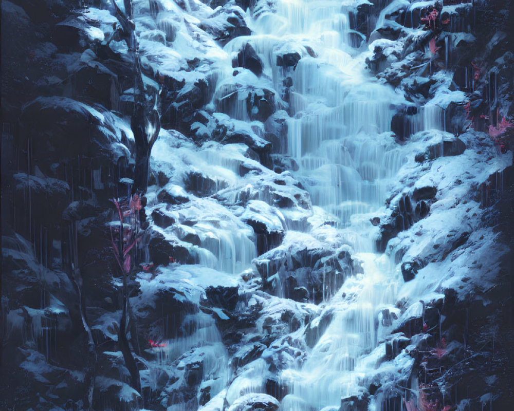 Wintry forest waterfall cascading over snow-covered rocks